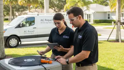 Professional AC repair technician servicing cooling system in Naples, FL home