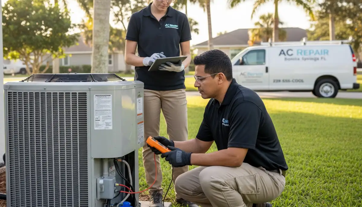 Professional AC repair technician servicing air conditioner unit in Naples, FL