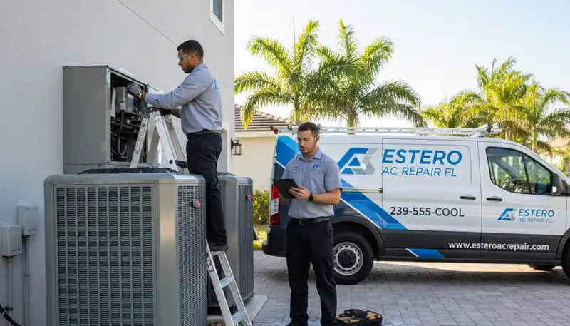 HVAC technician performing AC repair service at residential home in Naples FL