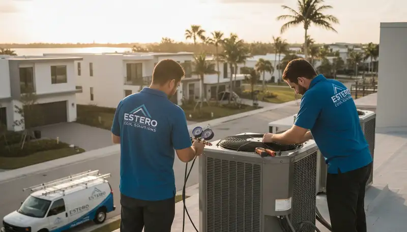 Professional AC repair technician servicing air conditioner unit in Naples FL