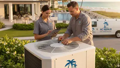 Professional AC repair technician servicing air conditioner unit in Naples, FL
