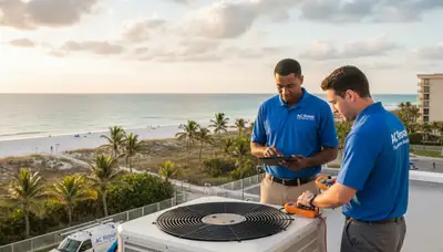 Professional AC repair technician servicing air conditioner unit in Naples FL home