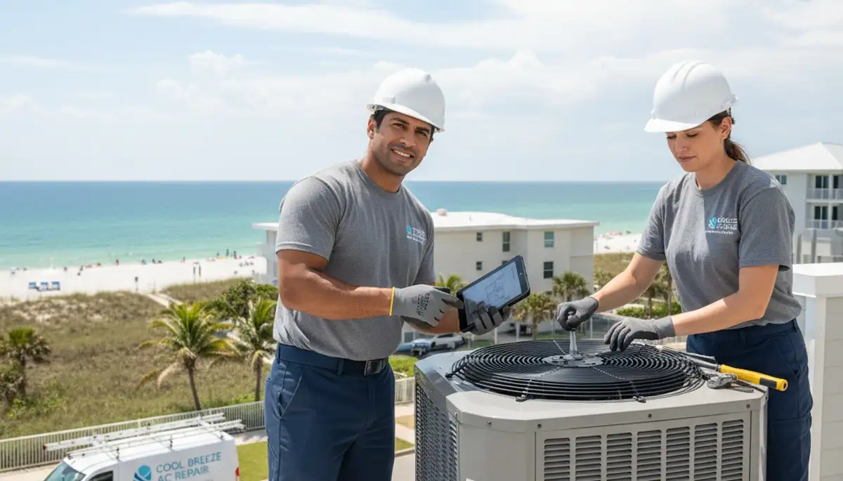 Professional AC repair technician servicing air conditioning unit in Naples FL home