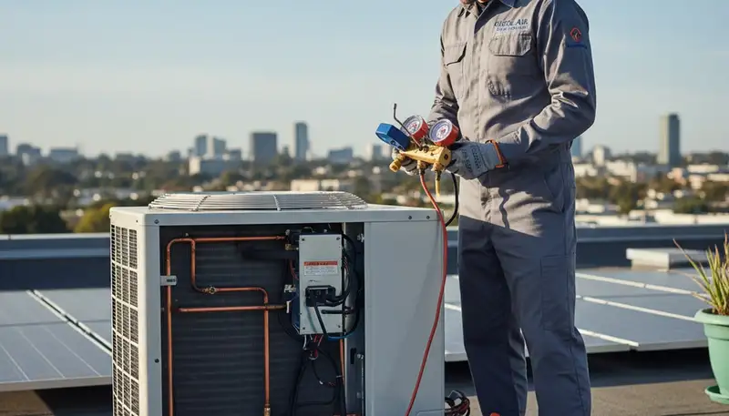 Technician performing AC repair service in Naples, FL for residential cooling system maintenance