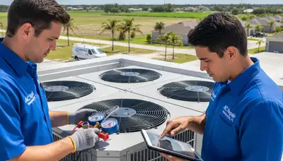 Professional AC repair technician servicing air conditioner unit in Naples FL home