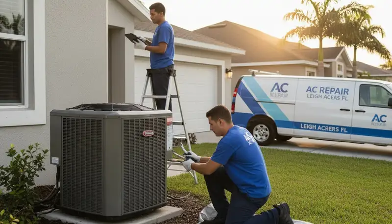 Professional AC repair technician servicing air conditioner unit in Naples FL home