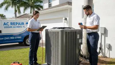 HVAC technician performing AC repair service at a residential home in Naples, FL