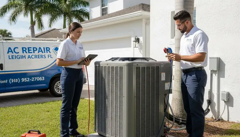 HVAC technician performing AC repair service at a residential home in Naples, FL