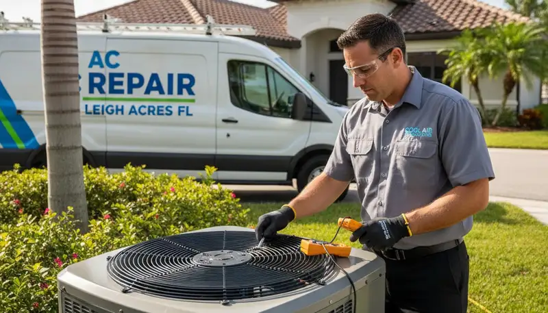 Professional AC repair technician servicing air conditioner unit in Naples FL home