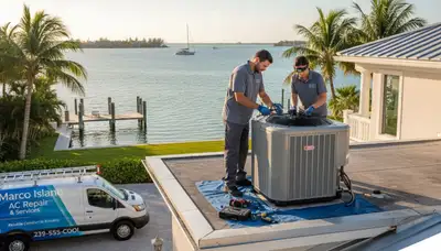 Professional AC repair technician servicing air conditioner in Naples FL home
