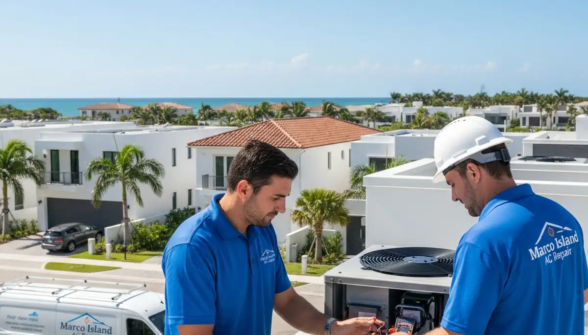 Professional AC repair technician servicing air conditioner unit in Naples FL home