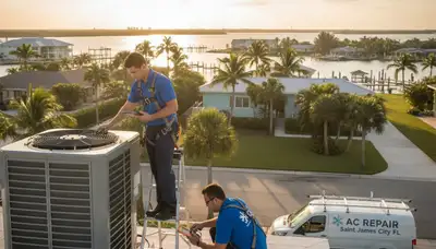 Professional AC repair technician servicing air conditioning unit in Naples, FL
