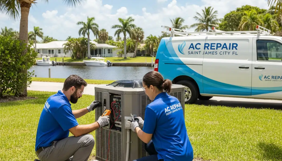 Professional AC repair technician servicing air conditioner unit in Naples FL