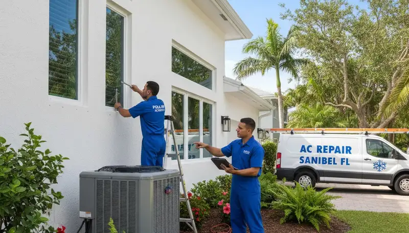 Professional AC repair technician servicing air conditioner unit in Naples FL home