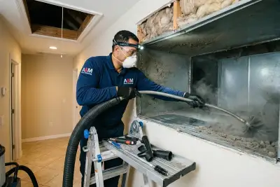 HVAC technician cleaning air ducts with vacuum tools in Naples FL home to improve airflow and air quality