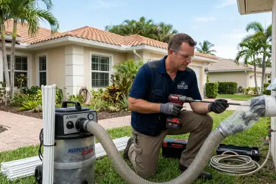 Technician performing professional dryer vent cleaning at Naples FL home for improved airflow and safety