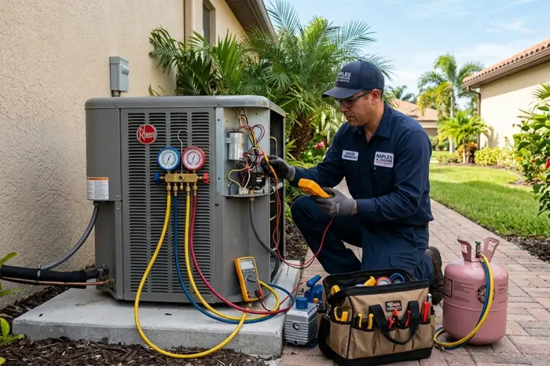 Technician performing professional AC repair at a Naples FL home, restoring cooling system efficiency