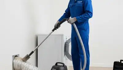 Technician cleaning dryer vent for improved airflow and safety in Naples, FL home