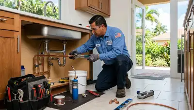 Professional plumber performing pipe repair and installation in Naples FL for Five Star Cooling