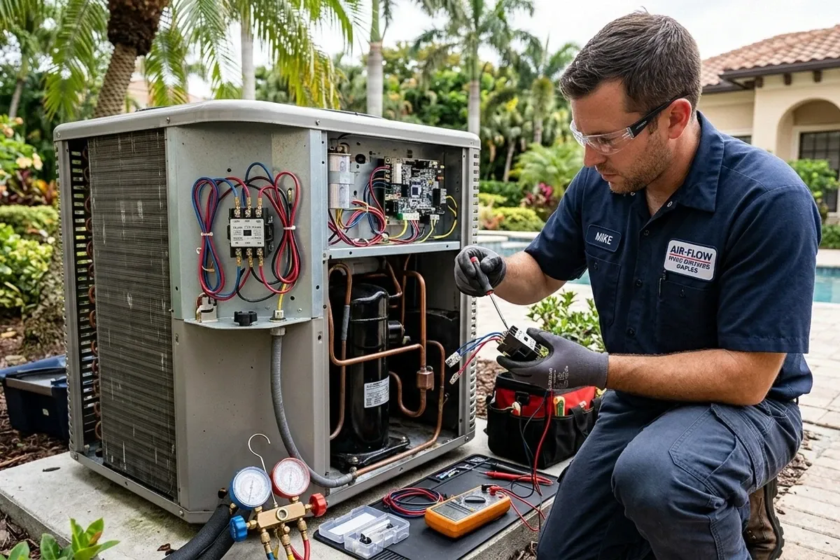 Technician performing detailed AC component repair at Naples FL home for expert cooling service