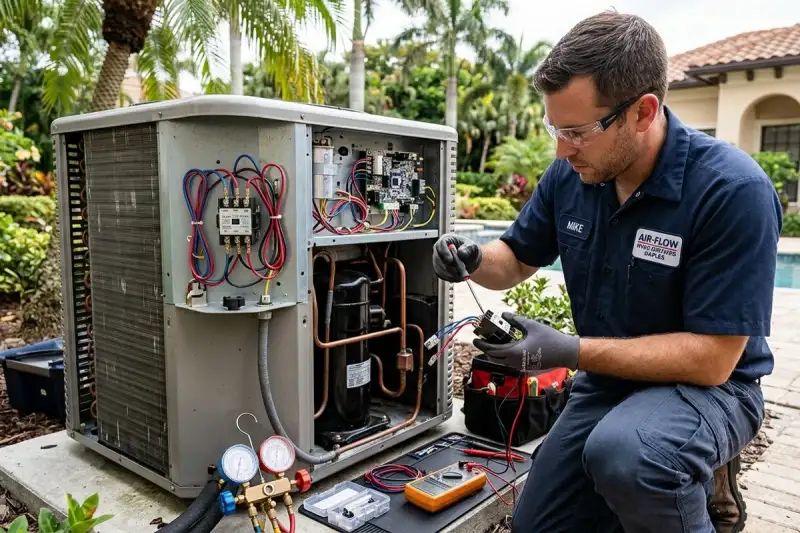 Technician performing detailed AC component repair at Naples FL home for expert cooling service