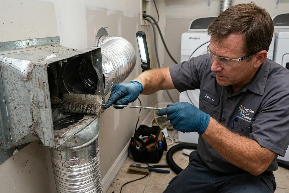 Technician performing precision dryer vent cleaning at Naples FL home for improved HVAC efficiency