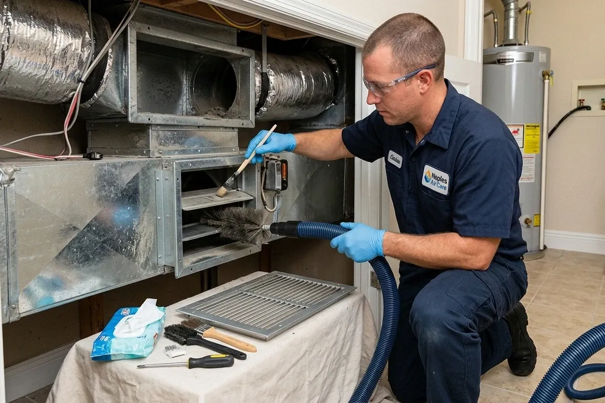 Technician cleaning air ducts and vents at a Naples FL home for professional AC repair and HVAC service