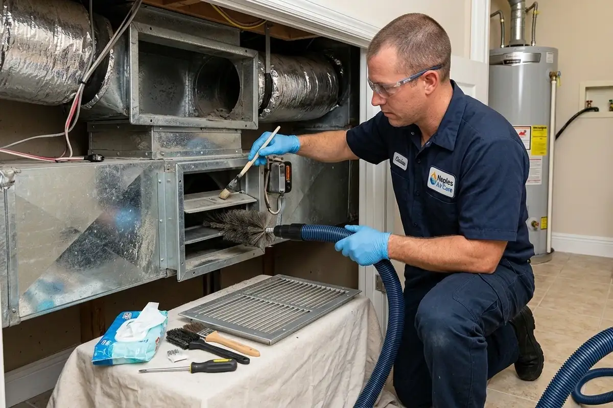 Technician cleaning air ducts and vents at a Naples FL home for professional AC repair and HVAC service