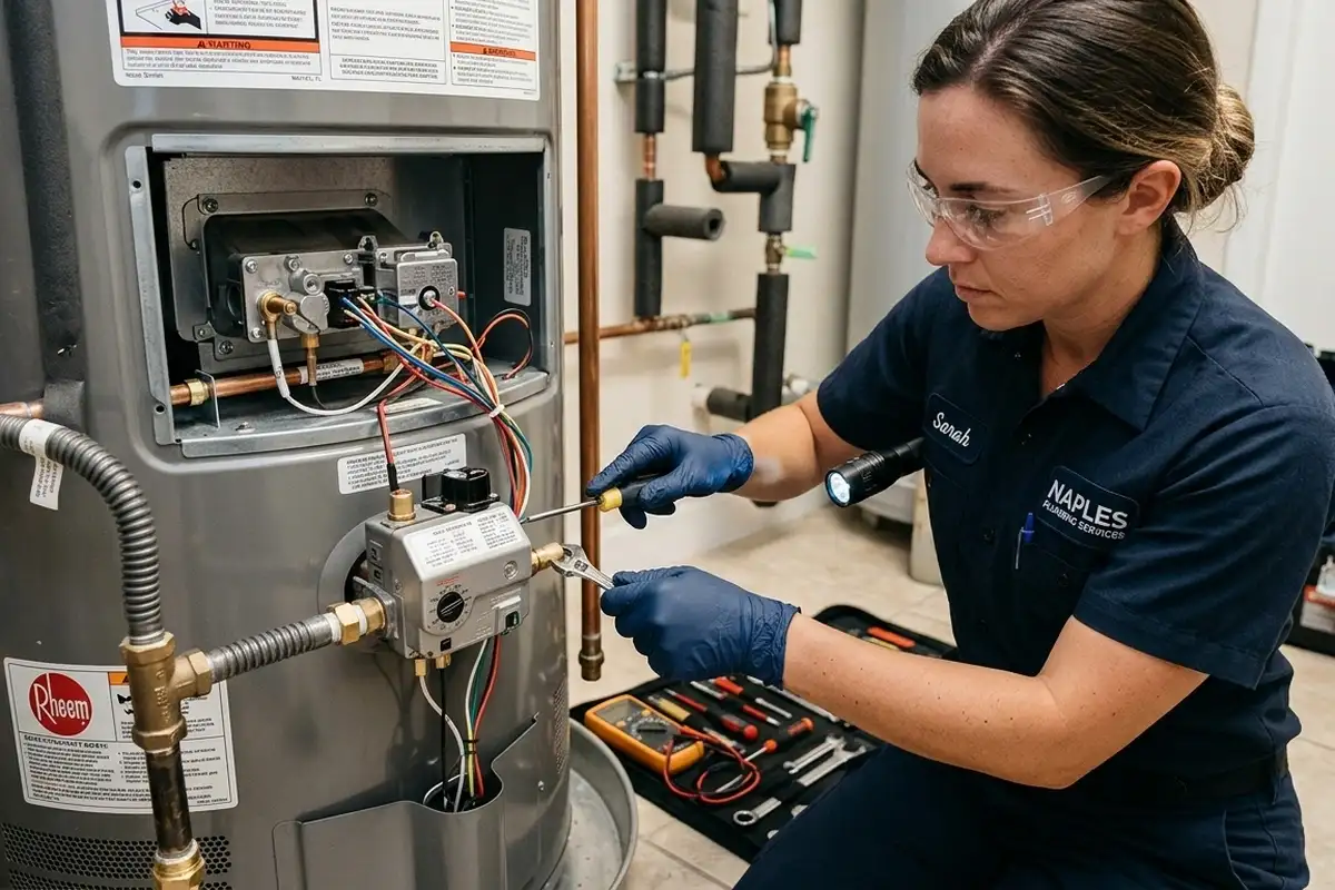 Technician performing precise water heater repair in Naples, FL for Five Star Cooling HVAC services