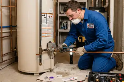 Technician performing professional water heater repair with tools in Naples, FL home